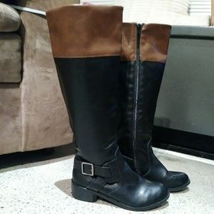 Black & brown knee high boots